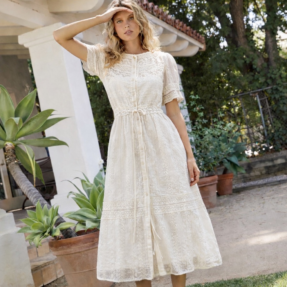 Lucy Paris Romantic Cream Lace Midi Dress Cottagecore European Summer